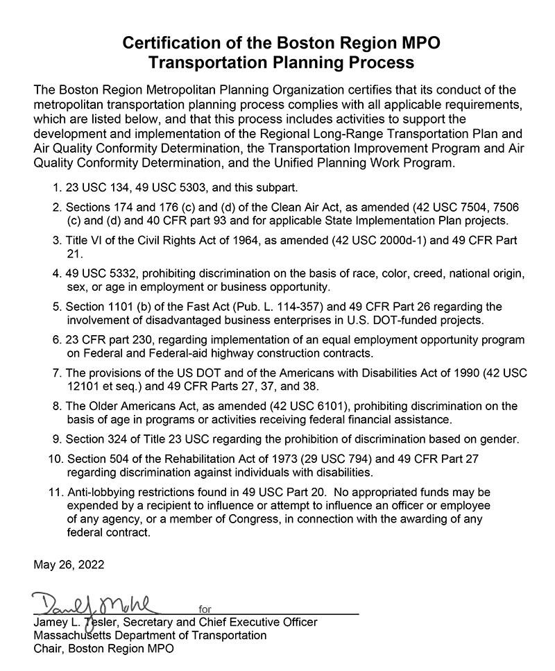 Certification of the Boston Region MPO Transportation Planning Process 